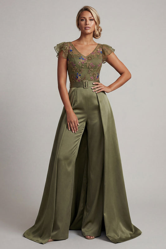 Ruffled V-Neck Olive Floral Beaded Mother of the Bride Jumpsuits with Cape