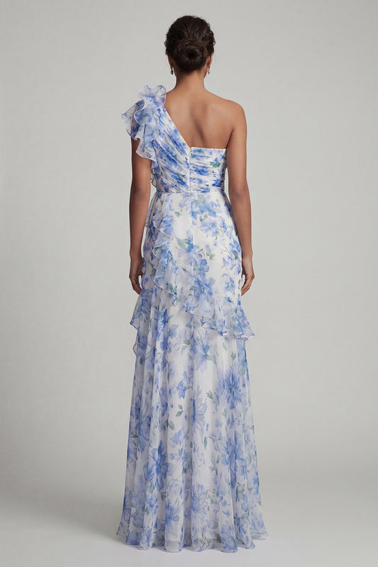 Light Blue Floral Ruffled Sheath Long Ruched Wedding Guest Dress with Slit