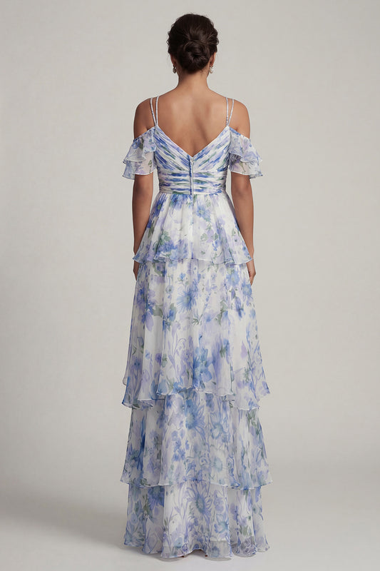 Long Ruched Light Blue Floral A Line Beach Wedding Guest Dress with Ruffles