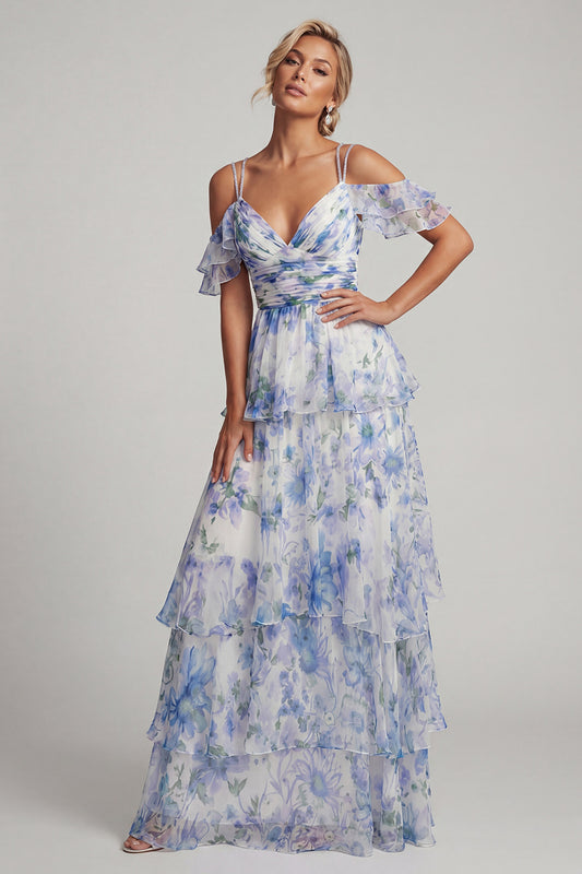 Long Ruched Light Blue Floral A Line Beach Wedding Guest Dress with Ruffles