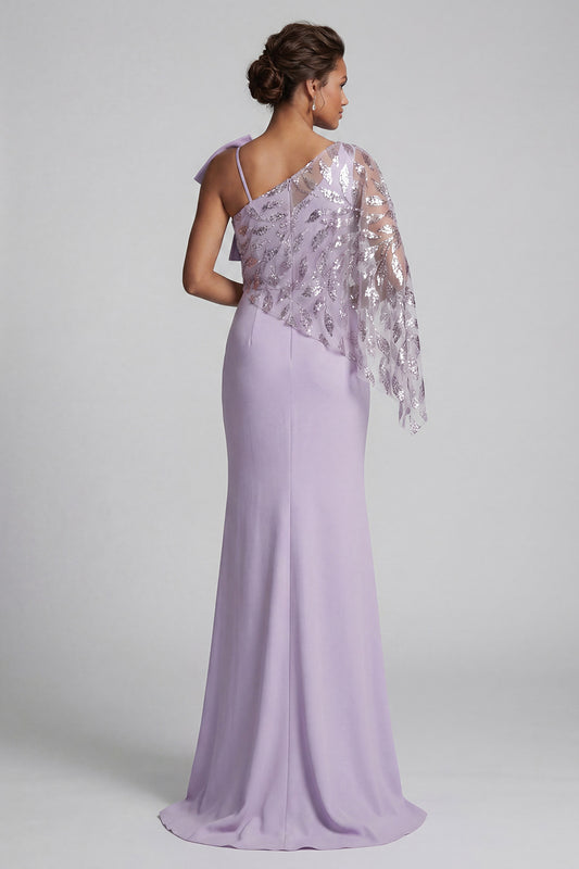 Sparkly Lilac Long Mermaid Ruffled Beaded Mother of the Bride Dress with Bow