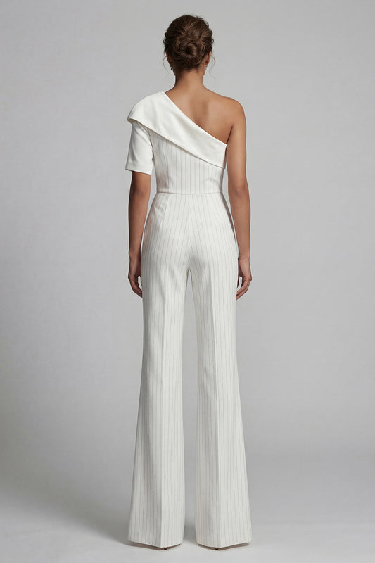 One Shoulder Sparkly White Beaded Formal Jumpsuits with Pockets