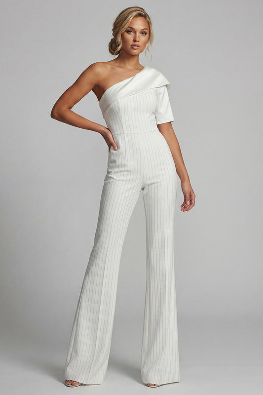 One Shoulder Sparkly White Beaded Formal Jumpsuits with Pockets