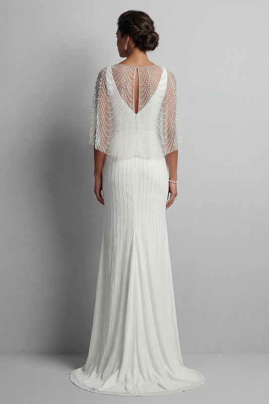 Mermaid Sparkly White V-Neck Long Beaded Mother of the Bride Dress with Pearls