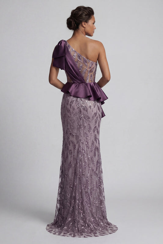 Ruffled Long Beaded Mermaid Sparkly Purple Mother of the Bride Dress with Slit