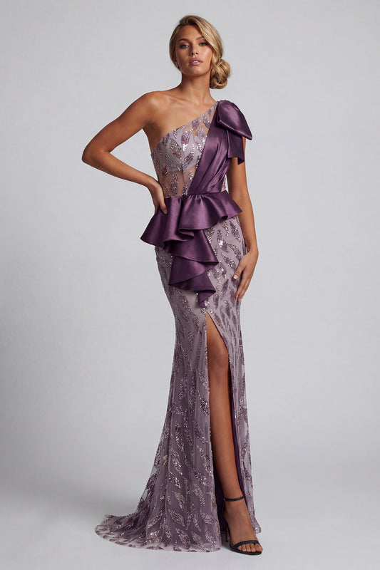 Ruffled Long Beaded Mermaid Sparkly Purple Mother of the Bride Dress with Slit