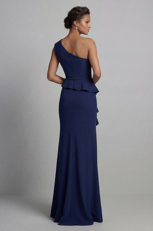 Navy One Shoulder Long Beaded Mermaid Mother of the Bride Dress with Ruffles