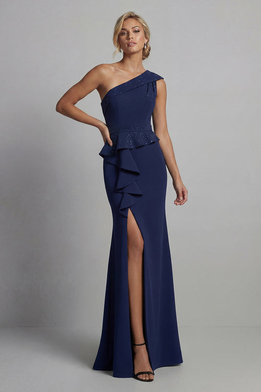 Navy One Shoulder Long Beaded Mermaid Mother of the Bride Dress with Ruffles