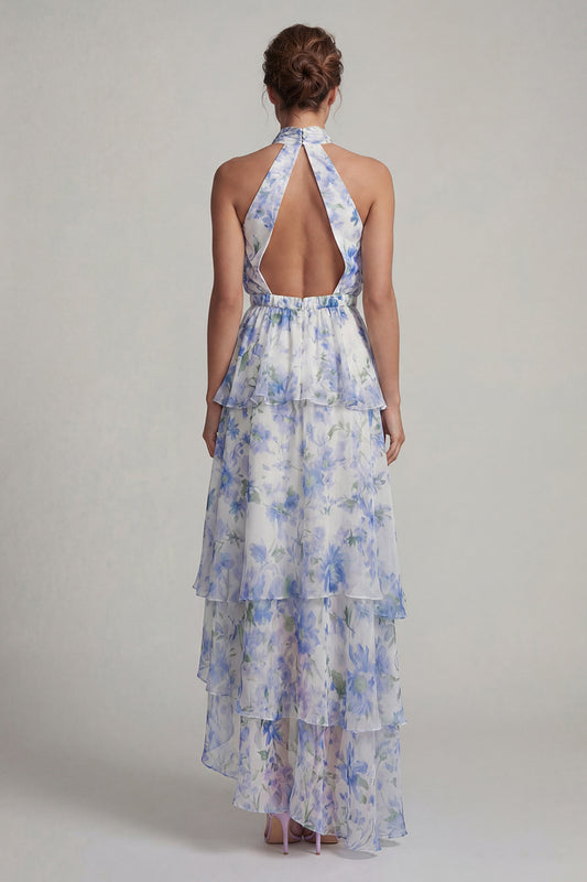 Halter Asymmetrical Light Blue Floral A Line Beach Wedding Guest Dress with Ruffles