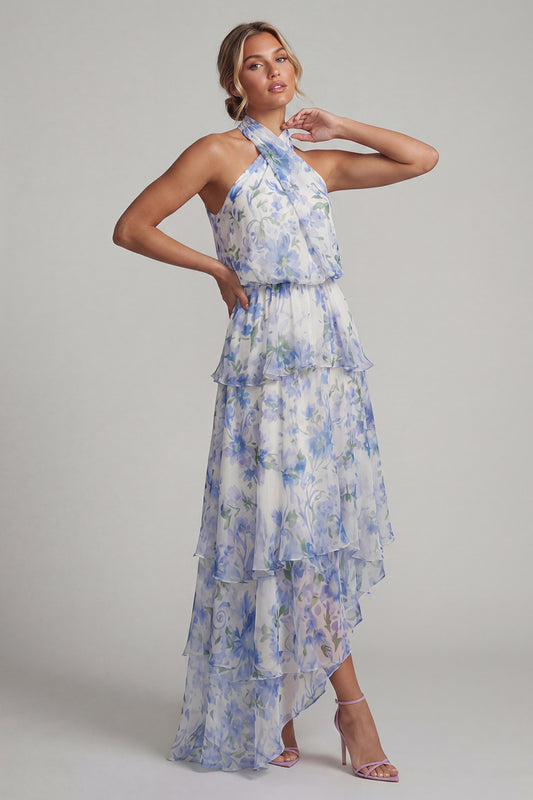 Halter Asymmetrical Light Blue Floral A Line Beach Wedding Guest Dress with Ruffles