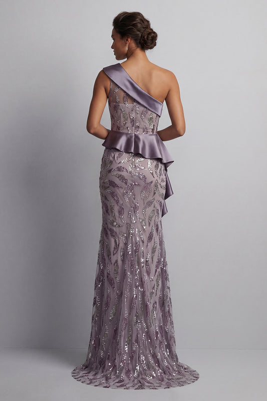 Sparkly Vintage Mauve Long Beaded Mermaid Mother of the Bride Dress with Ruffles