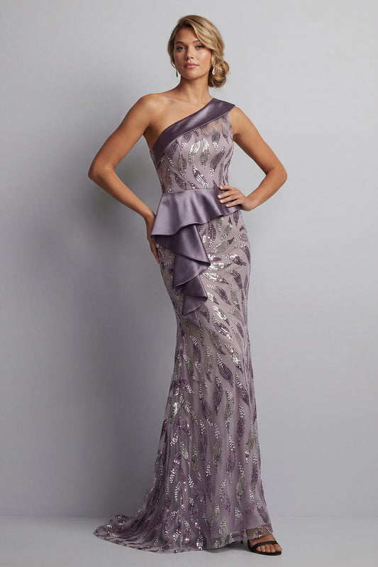 Sparkly Vintage Mauve Long Beaded Mermaid Mother of the Bride Dress with Ruffles