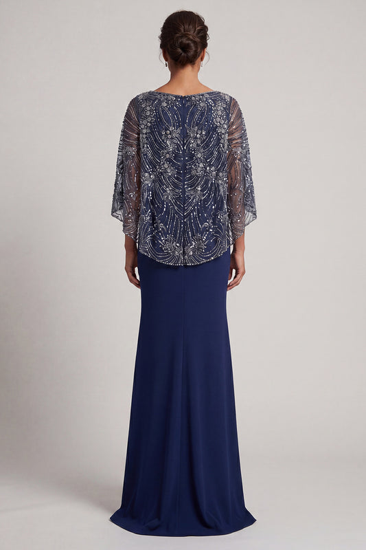 V-Neck Long Sparkly Navy Beaded Mermaid Mother of the Bride Dress with Cape