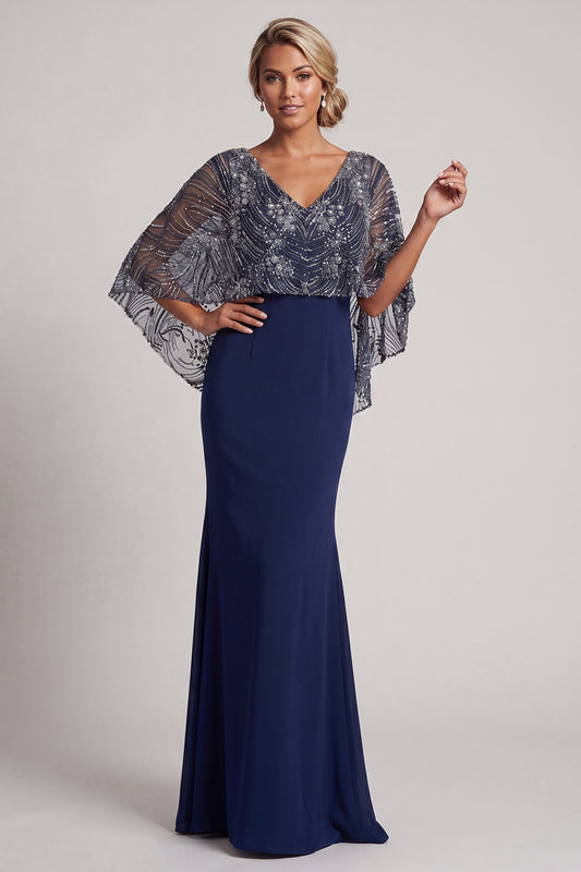 V-Neck Long Sparkly Navy Beaded Mermaid Mother of the Bride Dress with Cape