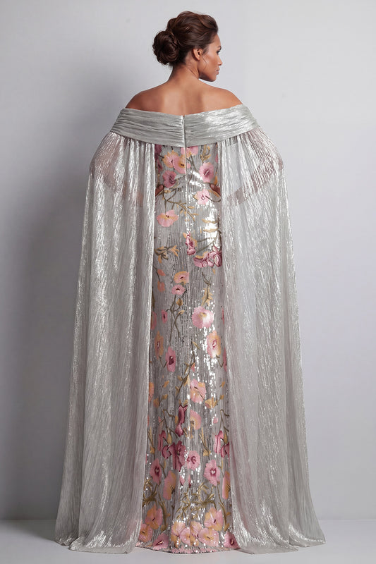 Sparkly Silver Sequin Floral Long Mermaid Mother of the Bride Dress with Cape