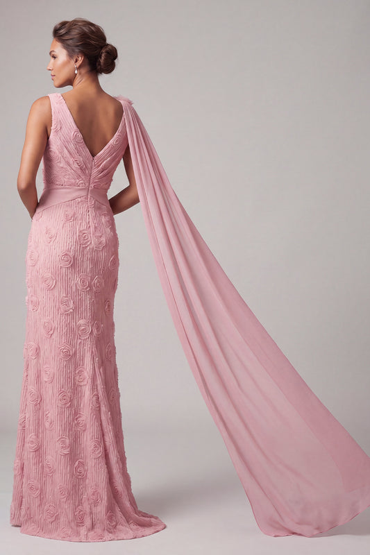 Pink V-Neck Mermaid Long Floral Mother of the Bride Dress with Side Cape
