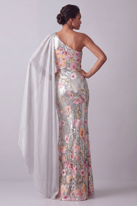 Sequin Floral Long Mermaid Sparkly Silver Mother of the Bride Dress with Side Cape
