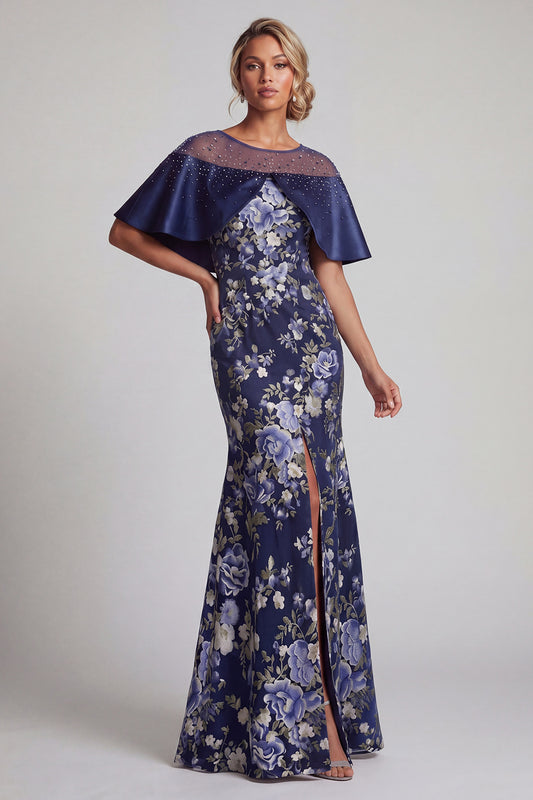 Long Navy Floral Beaded Mermaid Mother of the Bride Dress with Cape