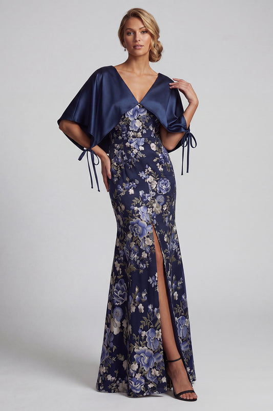 V-Neck Mermaid Long Navy Floral Mother of the Bride Dress with Cape