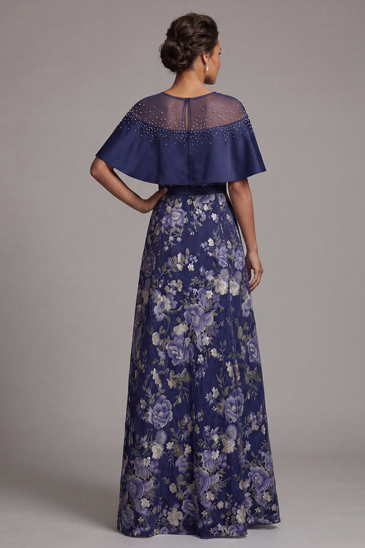 A Line Long Navy Floral Beaded Mother of the Bride Dress with Cape