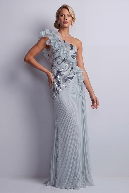 Sheath Sparkly Dusty Blue Long Beaded Mother of the Bride Dress with Ruffles