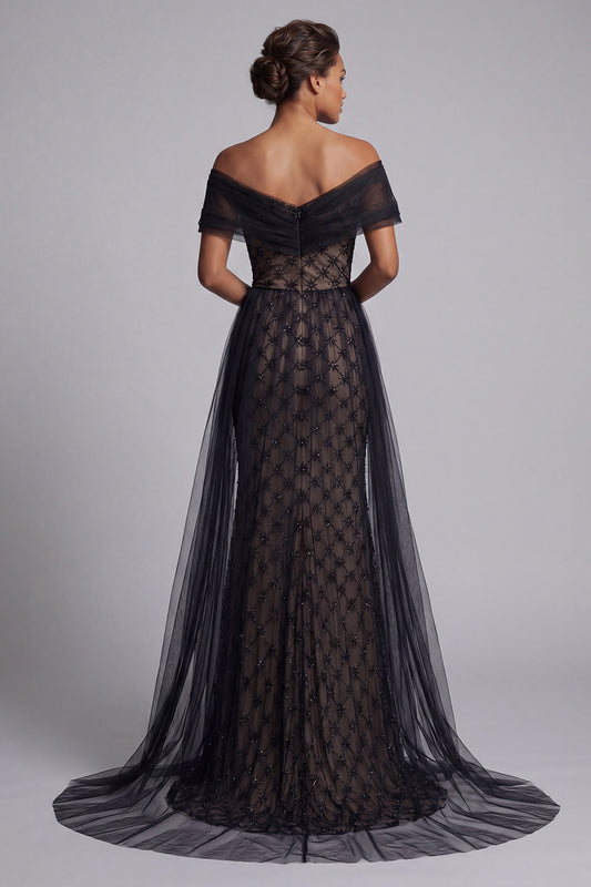 Sparkly Black Beaded Mermaid Long Mother of the Bride Dress with Cape