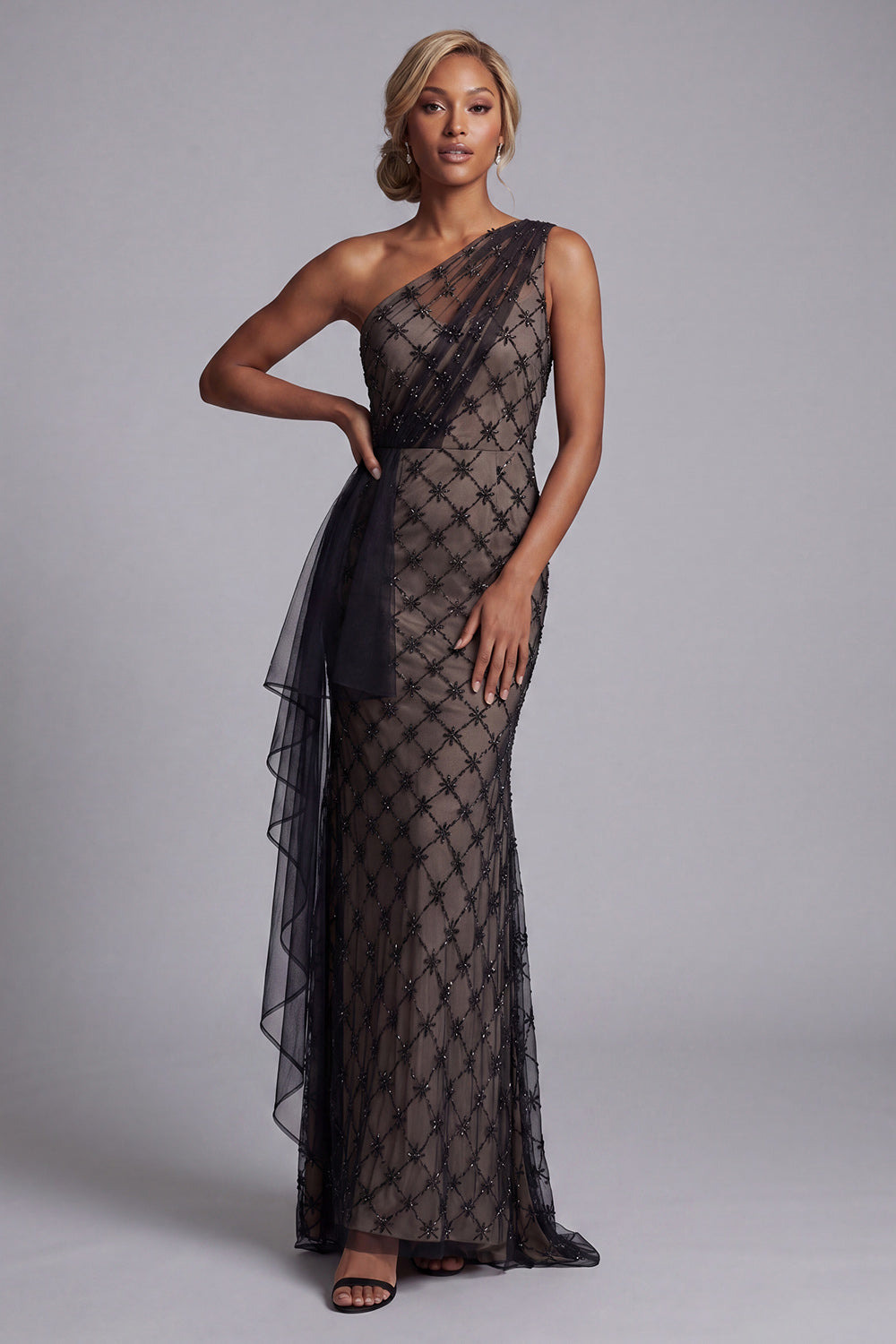 One Shoulder Sparkly Black Beaded Mermaid Long Mother of the Bride Dress with Ruffles