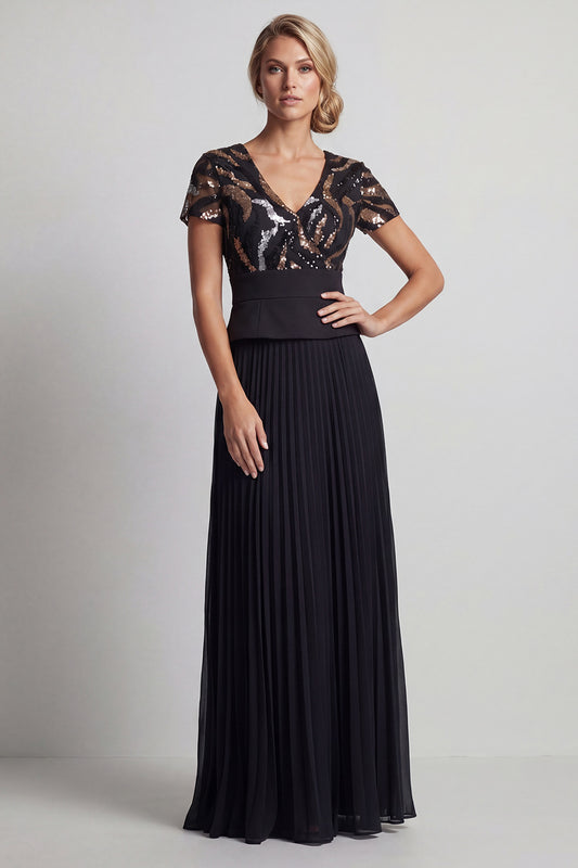 V-Neck Sparkly Black Beaded A Line Long Mother of the Bride Dress with Pleats