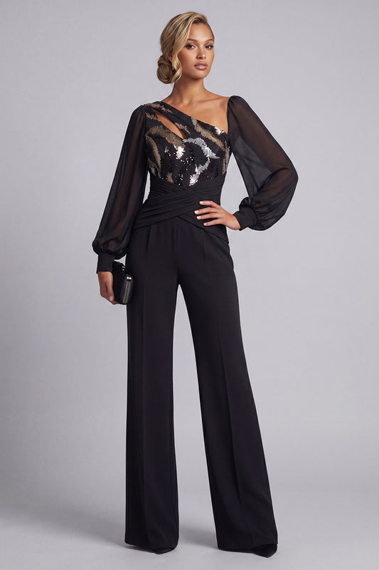 Keyhole Sparkly Black Sequin Mother of the Bride Jumpsuits with Sleeves