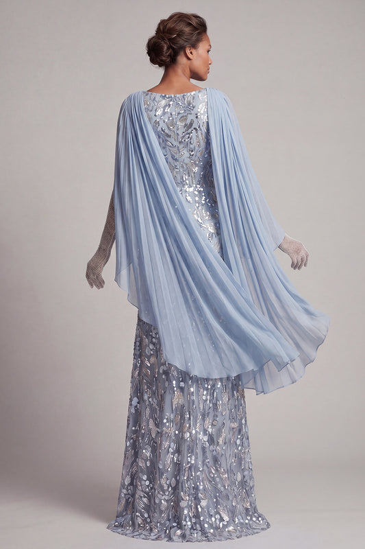 Sparkly Sky Blue Mermaid Long Beaded Mother of the Bride Dress with Cape