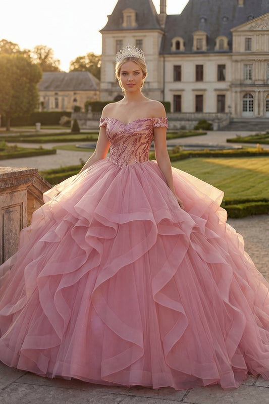 Pink Sequin Long Princess Quinceanera Dress with Ruffles