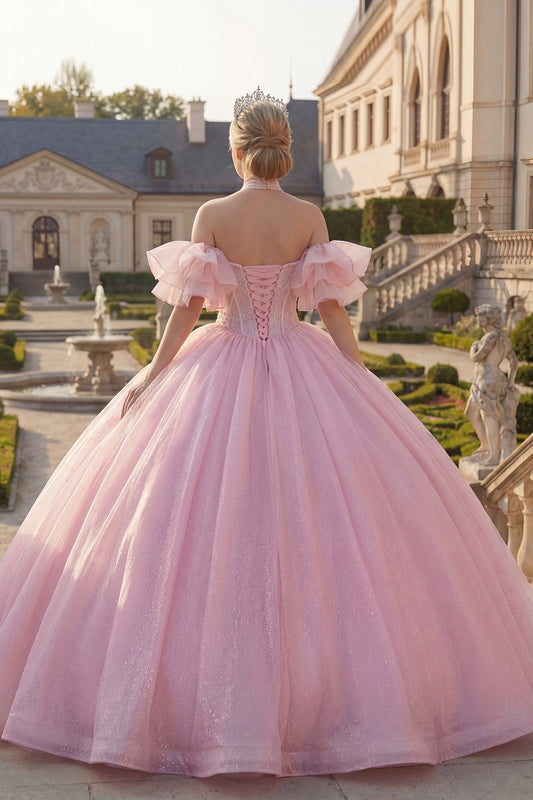 Corset Halter Pink Beaded Long Princess Glitter Quinceanera Dress with Ruffles