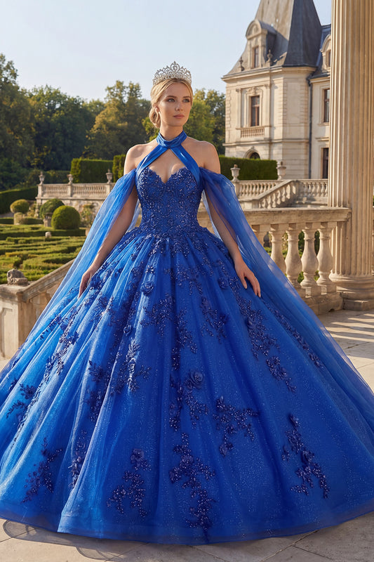 Sparkly Royal Blue Beaded Princess Long Floral Quinceanera Dress with Cape