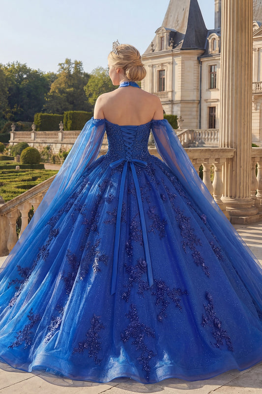 Sparkly Royal Blue Beaded Princess Long Floral Quinceanera Dress with Cape