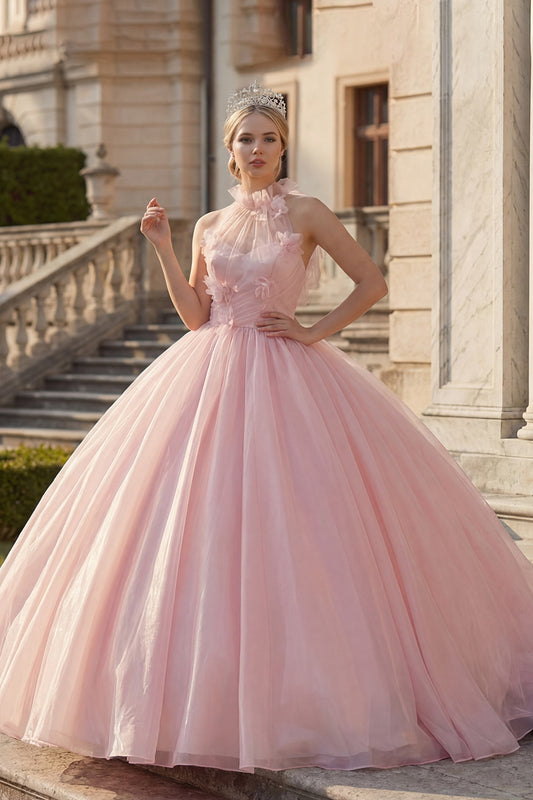 Blush High Neck Floral Ruched Long Princess Quinceanera Dress