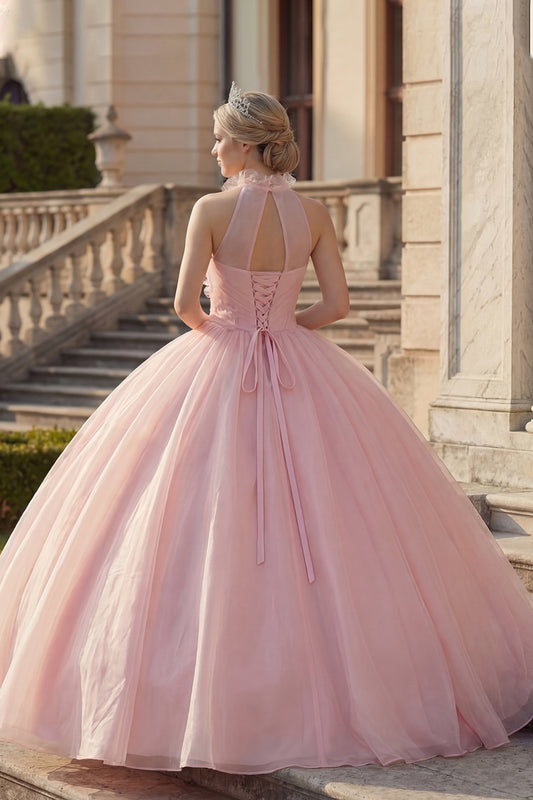 Blush High Neck Floral Ruched Long Princess Quinceanera Dress
