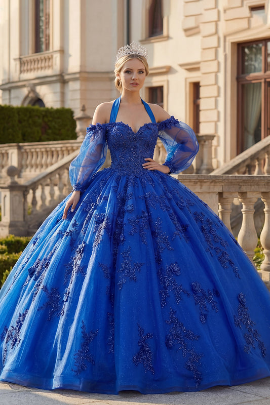 Beaded Princess Glitter Royal Blue Long Floral Quinceanera Dress with Bow