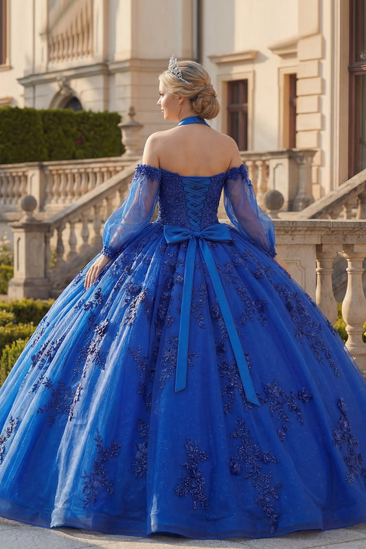 Beaded Princess Glitter Royal Blue Long Floral Quinceanera Dress with Bow