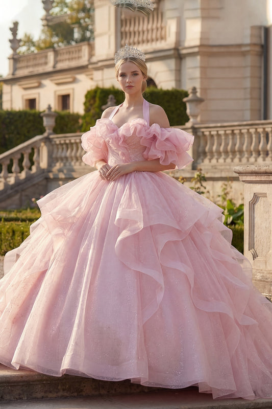 Princess Glitter Blush Long Halter Quinceanera Dress with Ruffles