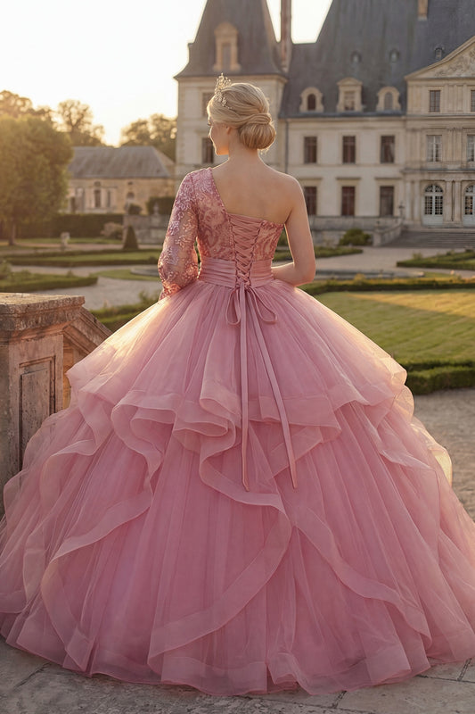 Princess Sequin Sparkly Pink Long Quinceanera Dress with Ruffles