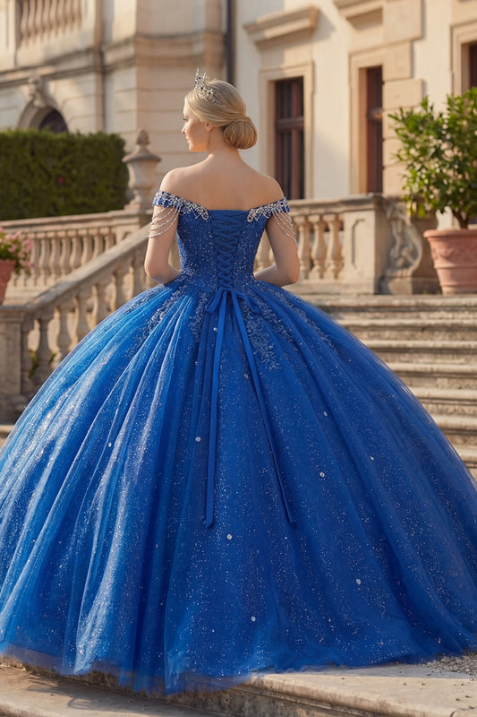 Sparkly Royal Blue Beaded Princess Long Quinceanera Dress with Fringes