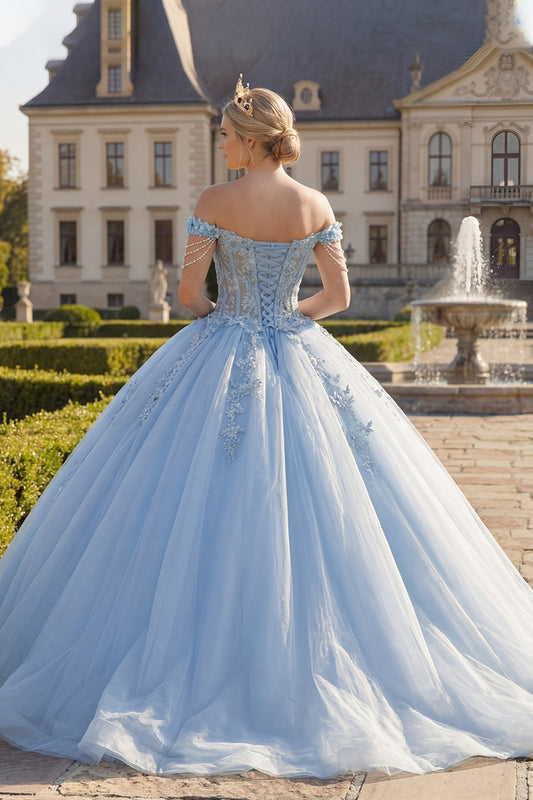 Floral Long Corset Light Blue Princess Quinceanera Dress with Pearls