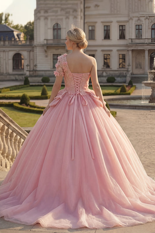 Pink Floral One Shoulder Princess Long Quinceanera Dress with Ruffles