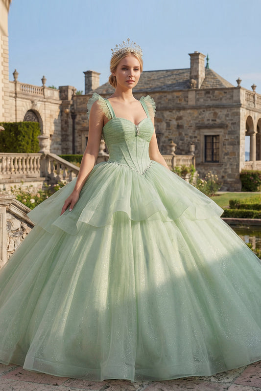 Mint Green Beaded Long Corset Glitter Princess Quinceanera Dress with Ruffles