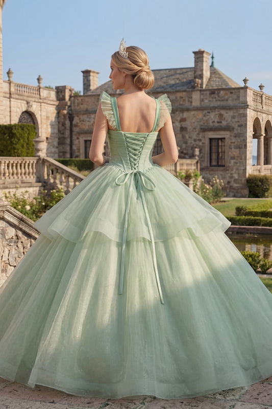 Mint Green Beaded Long Corset Glitter Princess Quinceanera Dress with Ruffles