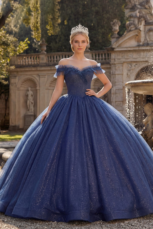 Glitter Off the Shoulder Princess Long Navy Quinceanera Dress with Ruffles