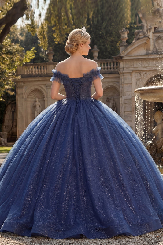 Glitter Off the Shoulder Princess Long Navy Quinceanera Dress with Ruffles