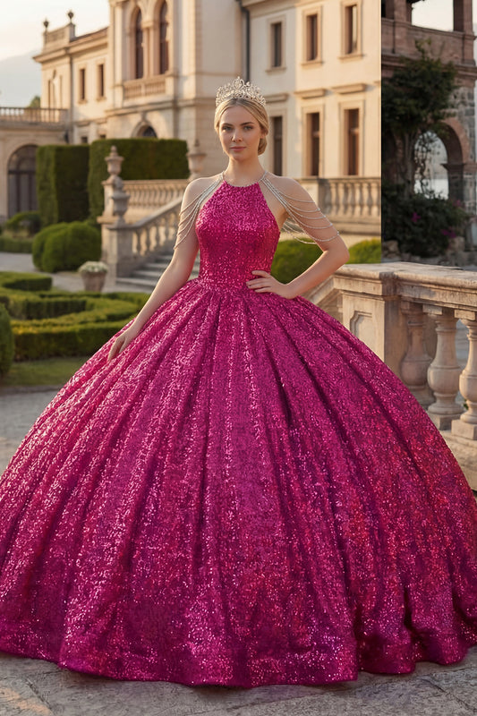 Sparkly Fuchsia Sequin Long Princess Quinceanera Dress with Beading