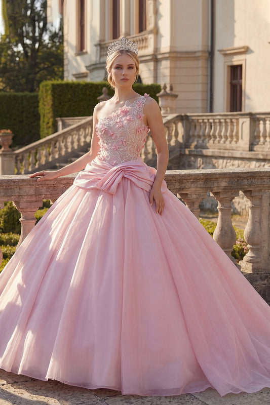 Ruched Pink Floral One Shoulder Princess Long Quinceanera Dress with Beading
