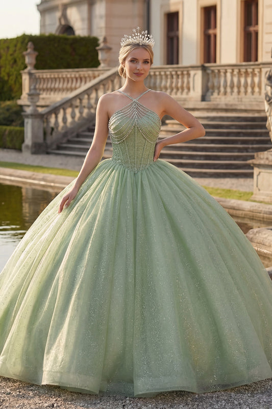 Corset Glitter Mint Green Long Princess Halter Quinceanera Dress with Beading